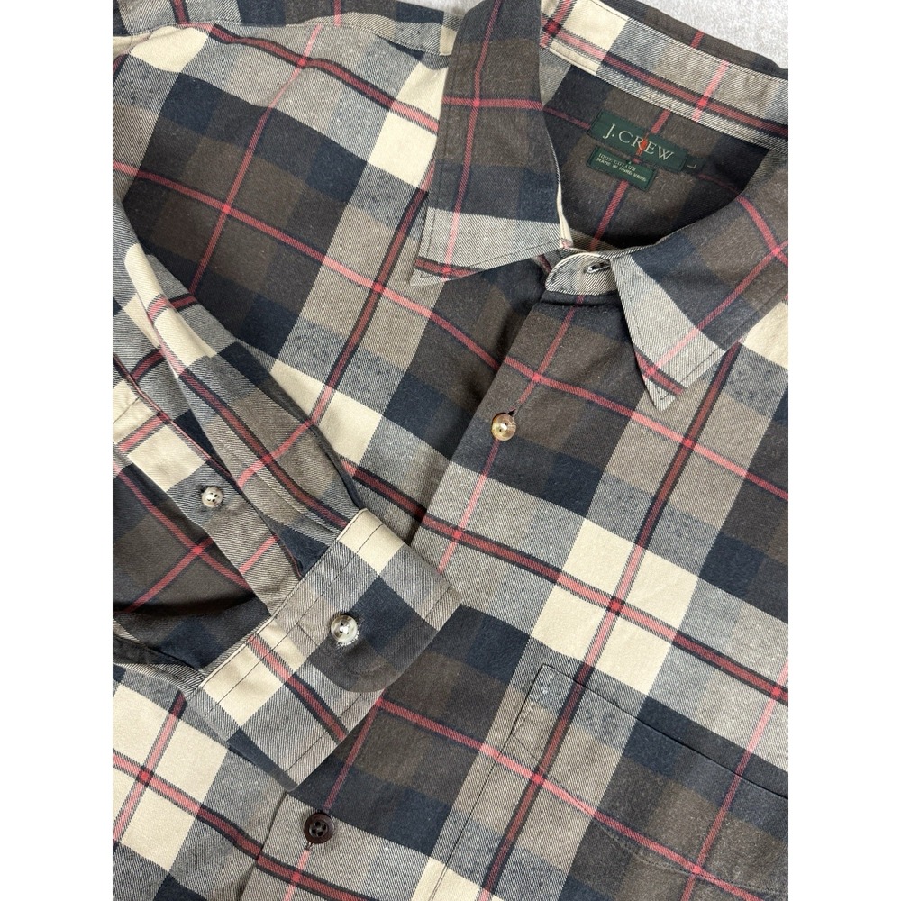 VTG J Crew Oarsman Shirt L Plaid Brown Tan Men's Preppy Button Long Sleeve